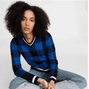 rag & bone Gabby Wool Buffalo Check V-Neck Pullover Sweater Blue/Black Med